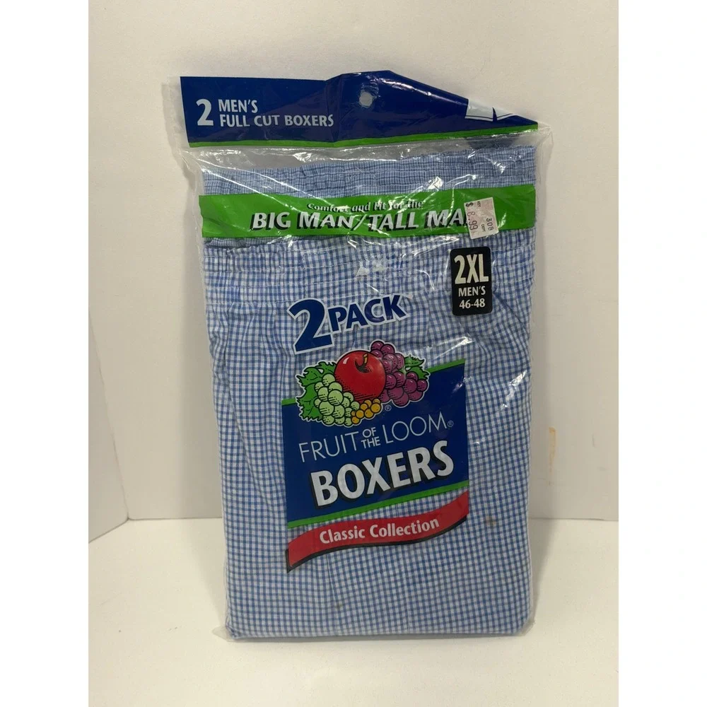 Fruit of the Loom Mens Boxers 2 Pack 2XL 46-48 Blue Gingham Full Cut Big & Tall